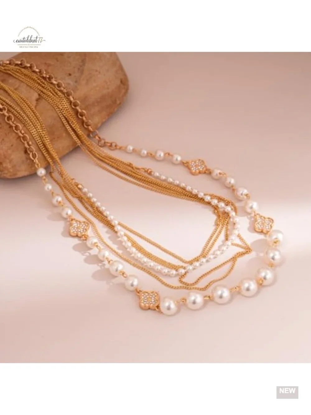Multi Layered Pear Necklace Stacked Gold Chain Clover Long Statement